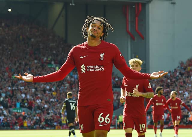  Trent Alexander-Arnold of Liverpool after scoring his goal during the Premier League match between Liverpool FC and AFC Bournemouth