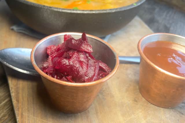 Scouse is served with pickled beetroot or cabbage and a side of brown sauce