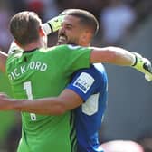 Everton duo Jordan Pickford and Conor Coady celebrate. Picture:  Chloe Knott/Getty Images