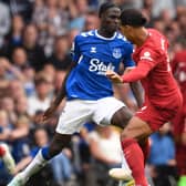 Virgil van Dijk was booked for a foul on Amadou Onana during the Merseyside derby. Picture: OLI SCARFF/AFP via Getty Images