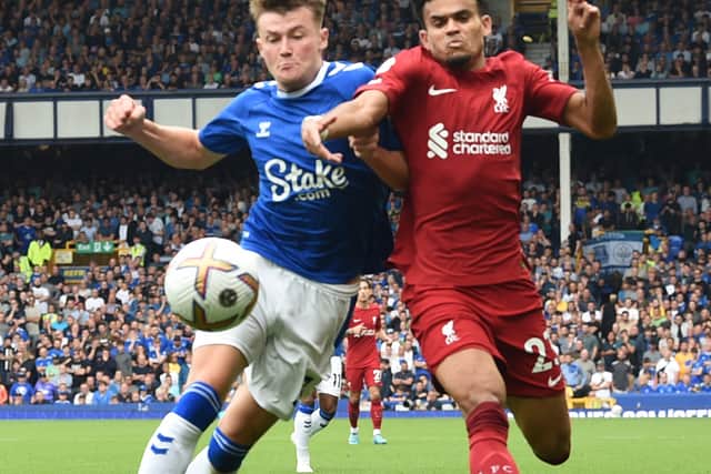 Nathan Patterson battles Luis Diaz during Everton’s Merseyside derby draw against Liverpool. Picture:  John Powell/Liverpool FC via Getty Images