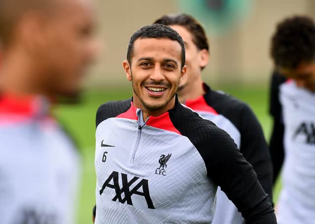 Thiago Alcantara of Liverpool during a training session ahead of their UEFA Champions League group A match against SSC Napoli at AXA Training Centre on September 06, 2022 in Kirkby, England. (Photo by Andrew Powell/Liverpool FC via Getty Images)