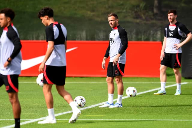 Arthur Melo of Liverpool during a training session ahead of their UEFA Champions League group A match against SSC Napoli at AXA Training Centre on September 06, 2022 in Kirkby, England. (Photo by Andrew Powell/Liverpool FC via Getty Images)