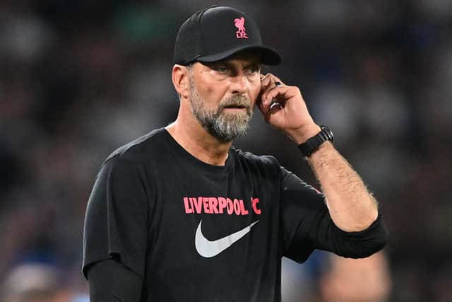 Jurgen Klopp, Manager of Liverpool reacts during the UEFA Champions League group A match between SSC Napoli and Liverpool FC at Stadio Diego Armando Maradona on September 07, 2022 in Naples, Italy. (Photo by Francesco Pecoraro/Getty Images)