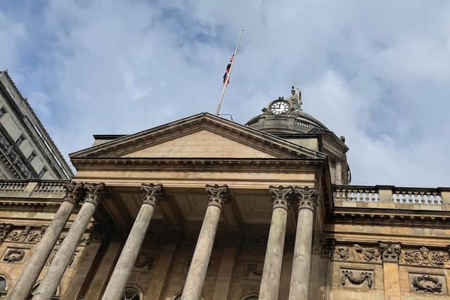 The flag at Liverpool Town Hall flies at half-mast following the death of the Queen.