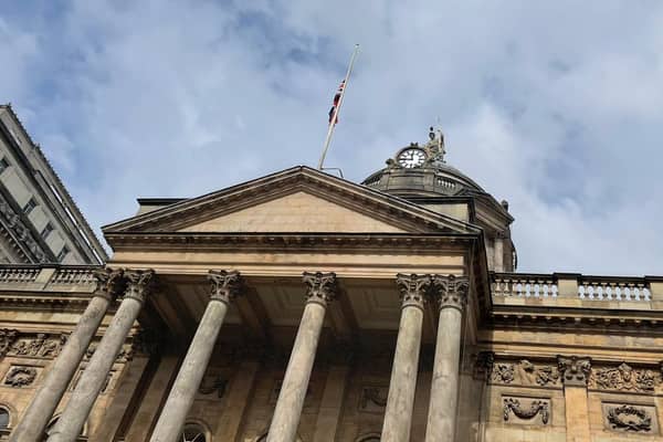 The flag at Liverpool Town Hall at half mast. Image: Emily Bonner