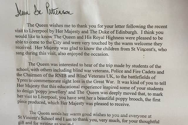 A letter sent to St Vincent’s School from the Queen’s lady-in-waiting Annabel Whitehead.