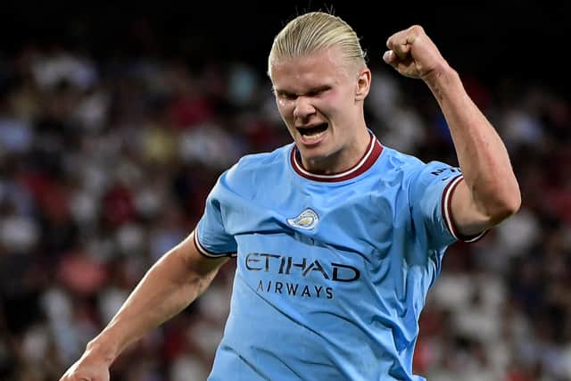 Erling Haaland celebrates scoring for Man City. Picture: CRISTINA QUICLER/AFP via Getty Images