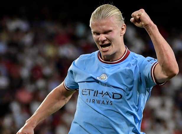 <p>Erling Haaland celebrates scoring for Man City. Picture: CRISTINA QUICLER/AFP via Getty Images</p>