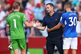 Everton boss Frank Lampard shakes hands with goalkeeper Jordan Pickford. Picture: Marc Atkins/Getty Images