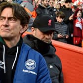 Brentford boss Thomas Frank walks ahead of Liverpool manager Jurgen Klopp at Anfield. Picture: Andrew Powell/Liverpool FC via Getty Images