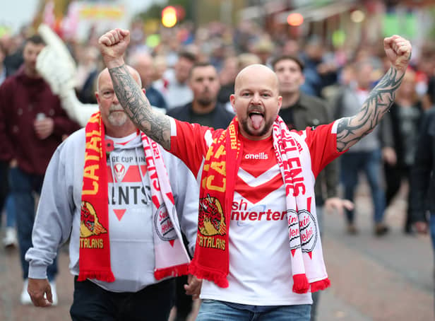 <p>St Helens fans arrive at Old Trafford for the Betfred Super League Grand Final in 2021. Image: Jan Kruger/Getty Images</p>
