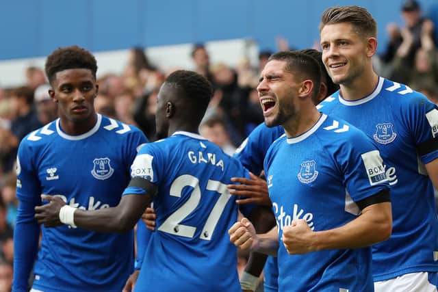 Everton celebrate scoring in their 1-0 win over West Ham. Picture: Alex Livesey/Getty Images
