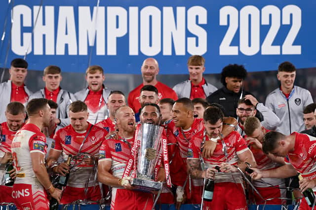James Roby of St Helens celebrates with the Betfred Super League Grand Final trophy. Image: Gareth Copley/Getty Images
