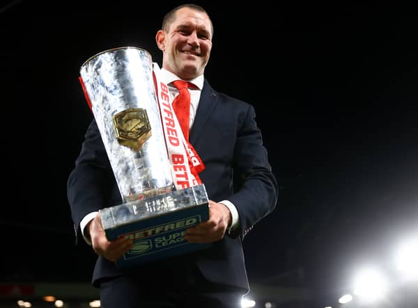St Helens head coach Kristian Woolf holds the Betfred Super League Grand Final Trophy. Image: Michael Steele/Getty Images