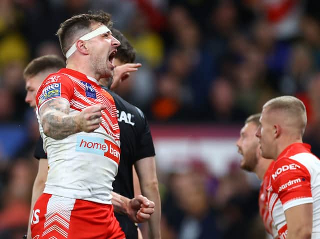 <p>Mark Percival of St Helens celebrates scoring their side’s fourth try in the Grand Final. (Photo by Michael Steele/Getty Images)</p>