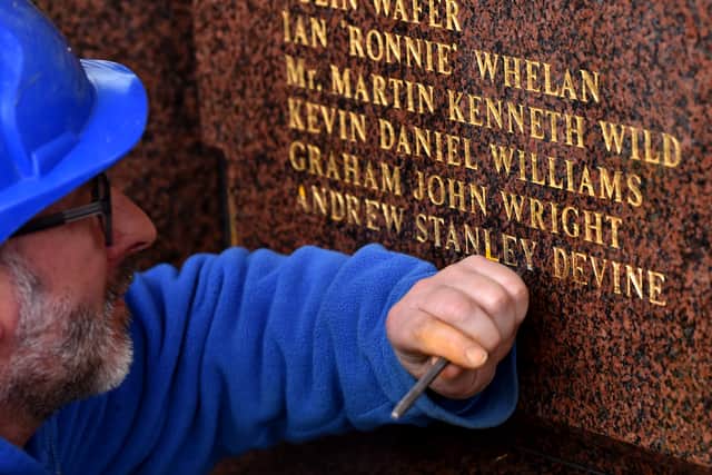 Liverpool add the name of the 97th Hillsborough victim Andrew Devine to the Hillsborough Memorial at Anfield on January 28, 2022. Image: LFC via Getty