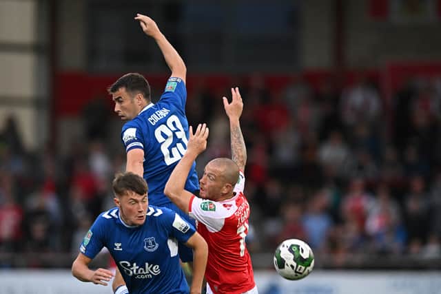 Seamus Coleman and Nathan Patterson in action for Everton. Picture: PAUL ELLIS/AFP via Getty Images