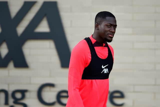 Ibrahima Konate of Liverpool during a training session at AXA Training Centre on September 29, 2022 in Kirkby, England. (Photo by Andrew Powell/Liverpool FC via Getty Images)
