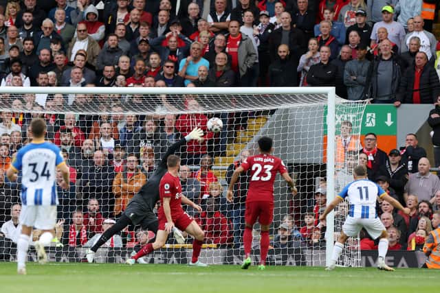 Leandro Trossard bags Brighton’s equaliser against Liverpool. Picture: Clive Brunskill/Getty Images)