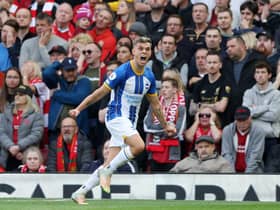 Leandro Trossard celebrates scoring Brighton’s equaliser against Liverpool. Picture:  Clive Brunskill/Getty Images