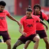 Darwin Nunez, centre, during Liverpool training. Picture: Andrew Powell/Liverpool FC via Getty Images