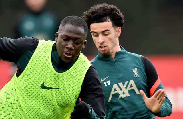 Ibrahima Konate and Curtis Jones during Liverpool training. Picture: Andrew Powell/Liverpool FC via Getty Images