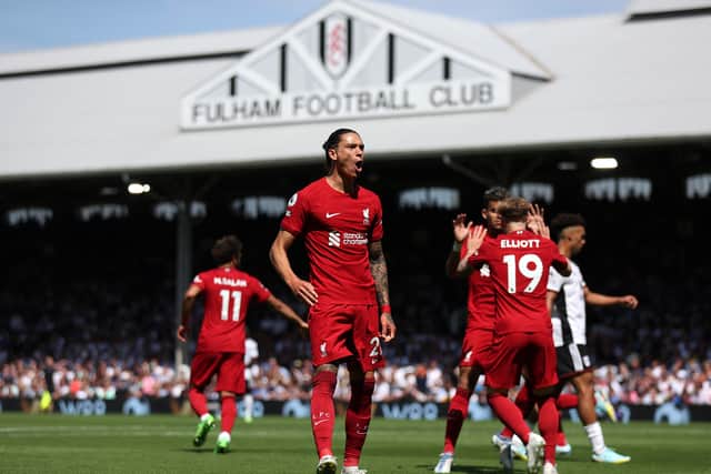 Darwin Nunez celebrates scoring for Liverpool against Fulham. Picture: Julian Finney/Getty Images
