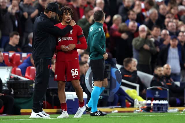 Jurgen Klopp embraces Trent Alexander-Arnold after being substituted. Picture: Clive Brunskill/Getty Images