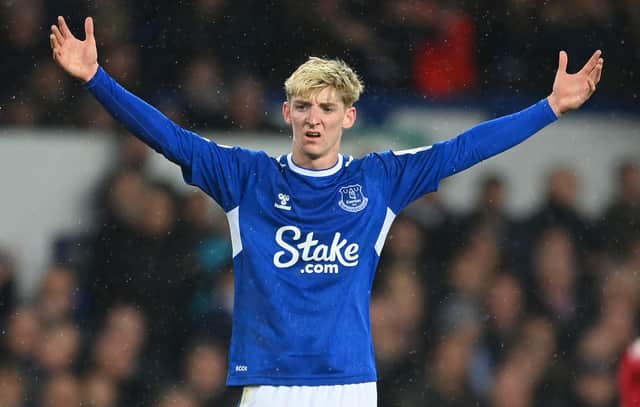 <p> Anthony Gordon of Everton reacts during the Premier League match between Everton FC and Manchester United at Goodison Park on October 09, 2022 in Liverpool, England. (Photo by Michael Regan/Getty Images)</p>
