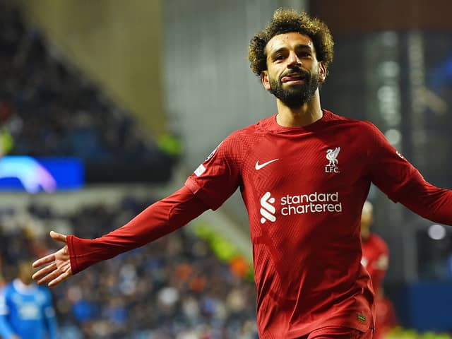 Mo Salah celebrates scoring a hat-trick for Liverpool against Rangers. Picture: John Powell/Liverpool FC via Getty Images