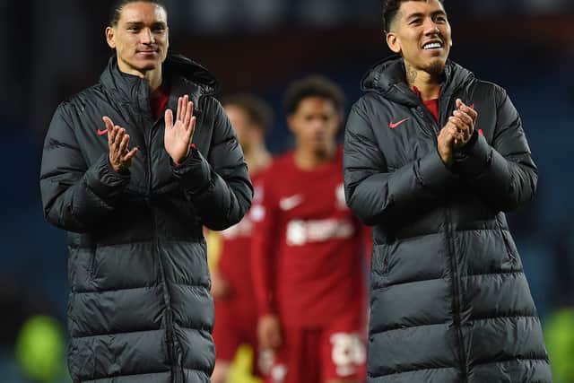 Liverpool pair Darwin Nunez and Roberto Firmino. Picture: John Powell/Liverpool FC via Getty Images
