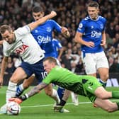 Jordan Pickford was adjudged to have fouled Harry Kane in Everton’s loss to Tottenham. Picture: DANIEL LEAL/AFP via Getty Images
