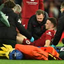Diogo Jota was stretchered off in Liverpool’s 1-0 defeat of Man City. Picture: Andrew Powell/Liverpool FC via Getty Images