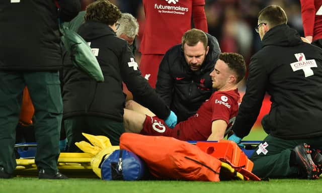Diogo Jota was stretchered off in Liverpool’s 1-0 defeat of Man City. Picture: Andrew Powell/Liverpool FC via Getty Images