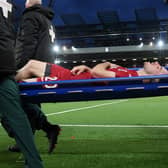 Diogo Jota left was stretchered off in Liverpool’s win against Man City. Picture: Laurence Griffiths/Getty Images