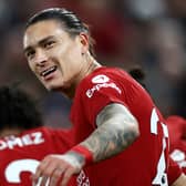 Darwin Nunez of Liverpool celebrates after scoring their team's first goal during the Premier League match between Liverpool FC and West Ham United at Anfield on October 19, 2022 in Liverpool, England. (Photo by Michael Steele/Getty Images)