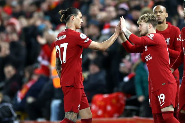 Darwin Nunez was replaced by Harvey Elliott in Liverpool’s 1-0 defeat of West Ham. Picture: Michael Steele/Getty Images