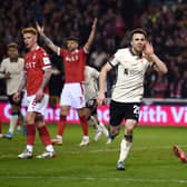 Diogo Jota celebrates after scoring the only goal of Liverpool’s 1-0 win in an FA Cup quarter-final tie at Nottingham Forest  (Photo by John Powell/Liverpool FC via Getty Images)