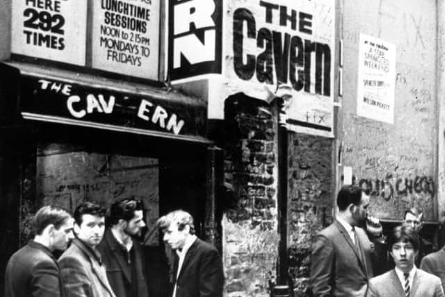 Music fans waiting outside the famous Cavern Club in 1966