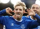 Anthony Gordon of Everton celebrates after scoring their team's second goal during the Premier League match between Everton FC and Crystal Palace at Goodison Park on October 22, 2022 in Liverpool, England. (Photo by Naomi Baker/Getty Images)
