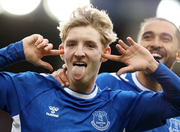 <p>Anthony Gordon of Everton celebrates after scoring their team's second goal during the Premier League match between Everton FC and Crystal Palace at Goodison Park on October 22, 2022 in Liverpool, England. (Photo by Naomi Baker/Getty Images)</p>