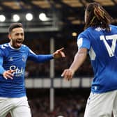 Dwight McNeil of Everton celebrates after scoring their team's third goal during the Premier League match between Everton FC and Crystal Palace at Goodison Park on October 22, 2022 in Liverpool, England. (Photo by Naomi Baker/Getty Images)