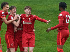 Conor Bradley, centre, celebrates during a Liverpool under-23s game. Picture: Nick Taylor/Liverpool FC/Liverpool FC via Getty Images