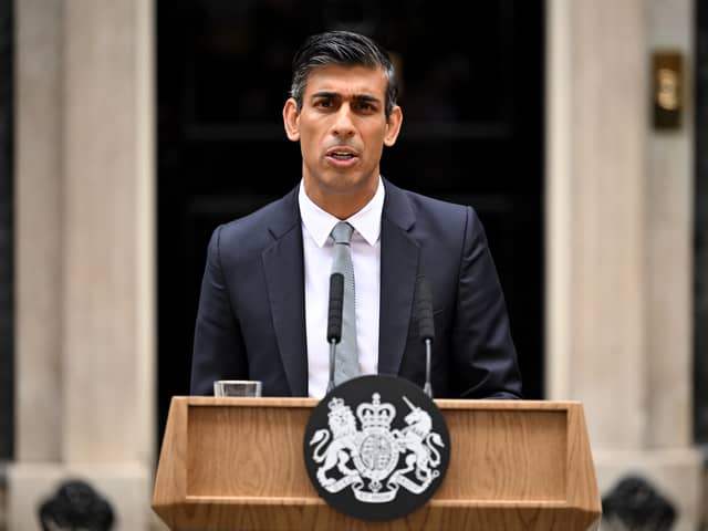 British Prime Minister Rishi Sunak makes a statement after taking office outside Number 10 in Downing Street on October 25, 2022 in London, England. Rishi Sunak will take office as the UK's 57th Prime Minister today after he was appointed as Conservative leader yesterday. He was the only candidate to garner 100-plus votes from Conservative MPs in the contest for the top job. He said his aim was to unite his party and the country. (Photo by Leon Neal/Getty Images)