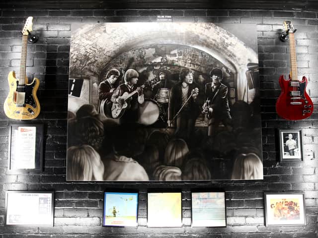 Artwork by artist Shannon MacDonald commemorating the date that The Rolling Stones played at The Cavern Club, which was revealed inside of The Cavern Club following the unveiling of statue in memory of Cilla Black outside The Cavern Club  on January 16, 2017 in Liverpool, United Kingdom. (Photo by Dave Thompson/Getty Images)