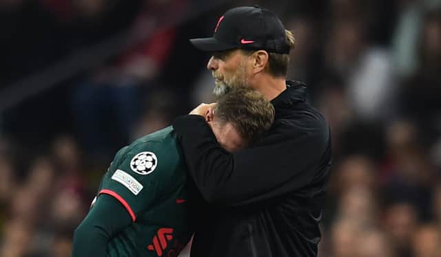 Jurgen Klopp embraces Jordan Henderson are being substituted in Liverpool’s defeat of Ajax. Picutre: Andrew Powell/Liverpool FC via Getty Images