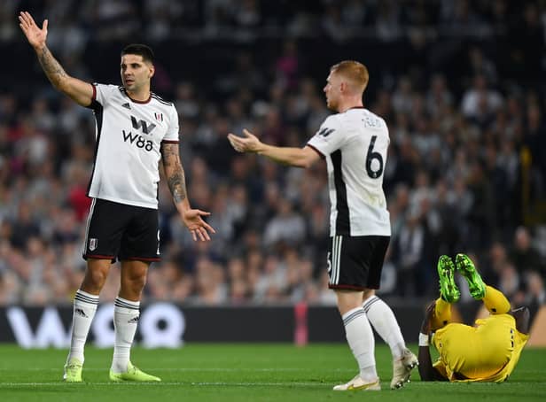 <p>Aleksandar Mitrovic pleads his innocence after clashing with Idrissa Gueye. Photo: Justin Setterfield/Getty Images</p>