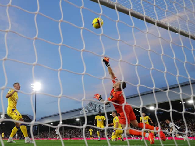 Everton goalkeeper Jordan Pickford saves a shot from Fulham’s Willian. Photo: Eddie Keogh/Getty Images