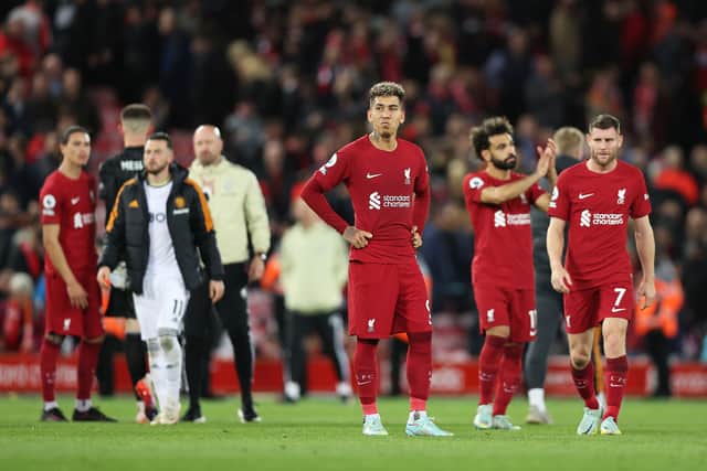 Liverpool dejected after their loss to Leeds. Picture: Nathan Stirk/Getty Images